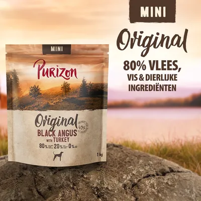 Purizon Original Black Angus with Turkey MINI, 1 kg. 80% vlees, vis & dierlijke ingrediënten. 20% groenten, fruit & kruiden. 0% granen. Tekst: 80% vlees, vis & dierlijke ingrediënten.