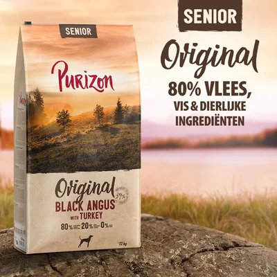 Purizon Senior Original Black Angus with Turkey hondenvoer, 12 kg. 80% vlees, vis & dierlijke ingrediënten. 20% groente, 0% granen. Voor senior honden staat zichtbaar op de verpakking.