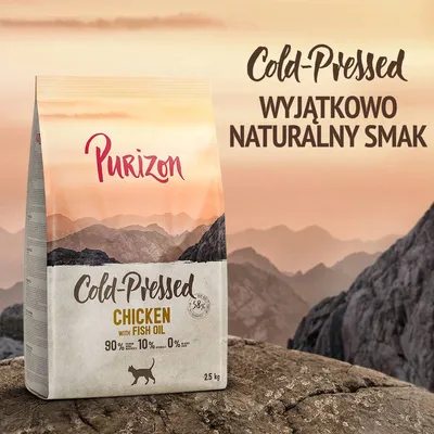Purizon Cold-Pressed Chicken with Fish Oil, 2,5 kg. 90 % składników zwierzęcych, 10 % warzyw i owoców, 0 % zbóż. Napis: Wyjątkowo naturalny smak.