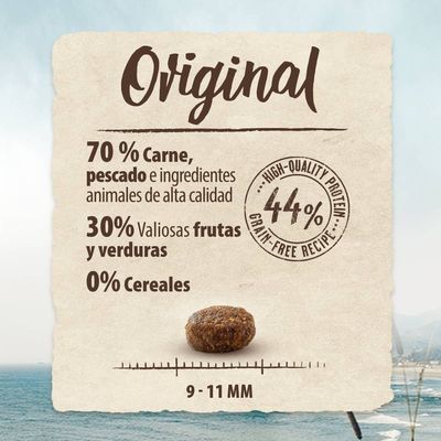 Original. 70 % carne, pescado e ingredientes animales de alta calidad, 30 % valiosas frutas y verduras, 0 % cereales. 44 % proteína. Tamaño de croqueta: 9–11 mm.