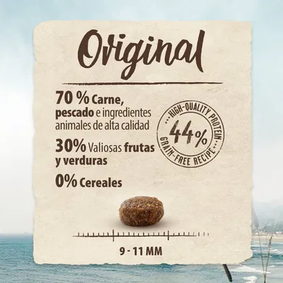 Original. 70 % carne, pescado e ingredientes animales de alta calidad, 30 % valiosas frutas y verduras, 0 % cereales. 44 % proteína. Tamaño de croqueta: 9–11 mm.