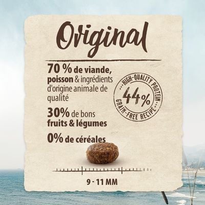 Original. 70 % de viande, poisson et ingrédients d'origine animale, 30 % de fruits et légumes, 0 % de céréales. 44 % protéines. Croquette 9–11 mm.