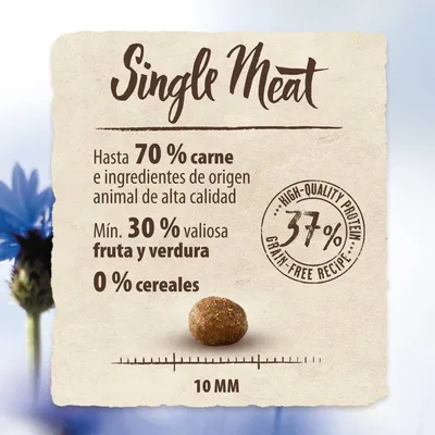 Single Meat. Hasta 70 % carne e ingredientes de origen animal, mín. 30 % fruta y verdura, 0 % cereales. Proteína 37 %. Tamaño del grano: 10 mm.