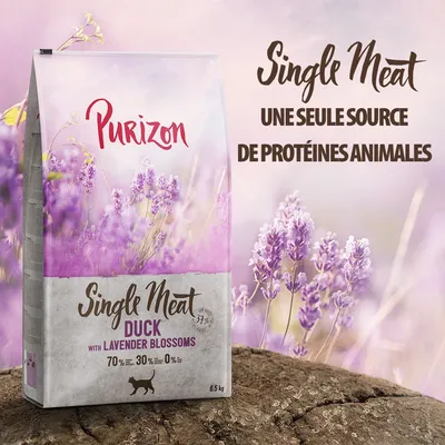 Purizon Single Meat Duck with Lavender Blossoms, 6,5 kg. Texte visible : Single Meat, une seule source de protéines animales, 70 %, 30 %, 0 %.