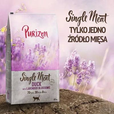 Purizon Single Meat Duck with Lavender Blossoms, 6,5 kg. Tylko jedno źródło mięsa. 70 % mięsa, 30 % warzyw, 0 % zbóż. Opakowanie z lawendą i sylwetką kota.