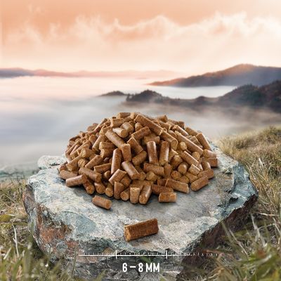 Croquettes en forme de petits cylindres, taille indiquée 6–8 mm, posées sur une pierre en extérieur. Aucune marque ou texte supplémentaire visible.