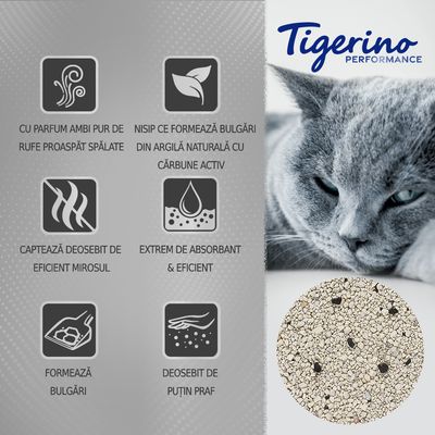 Tigerino Performance. Cu parfum ambi pur de rufe proaspăt spălate, nisip ce formează bulgări din argilă naturală cu cărbune activ, captează mirosul, extrem de absorbant, puțin praf.
