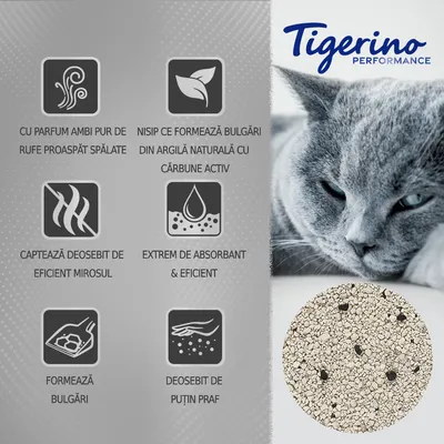 Tigerino Performance. Cu parfum ambi pur de rufe proaspăt spălate, nisip ce formează bulgări din argilă naturală cu cărbune activ, captează mirosul, extrem de absorbant, puțin praf.