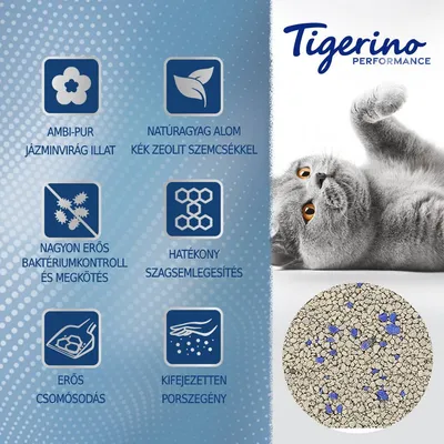 Tigerino Performance. AMBI-PUR jázminvirág illat, natúr agyag alom kék zeolit szemcsékkel, nagyon erős baktériumkontroll és megkötés, hatékony szagszemlegesítés, erős csomósodás, kifejezetten porszegény.