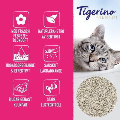 Tigerino Premium. Med fräsch Febreze-blomdoft, naturlera-strö av bentonit, högabsorberande & effektivt, särskilt lågdammande, bildar genast klumpar, stark luktkontroll.