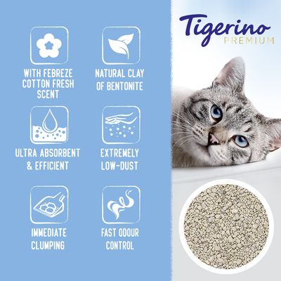 Tigerino Premium. Texto en inglés: with Febreze cotton fresh scent, natural clay of bentonite, ultra absorbent & efficient, extremely low-dust, immediate clumping, fast odour control.