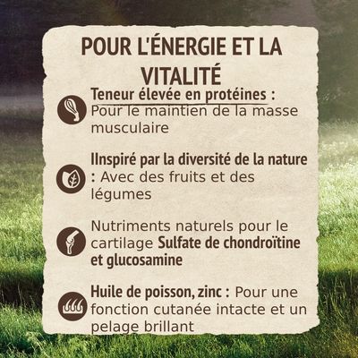 POUR L'ÉNERGIE ET LA VITALITÉ. Teneur élevée en protéines, inspiré par la diversité de la nature, sulfate de chondroïtine et glucosamine, huile de poisson, zinc. Texte en français.