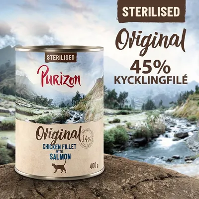 Purizon Sterilised Original, 45 % kycklingfilé, Chicken Fillet with Salmon, 400 g. Text: Sterilised, Original, 14 %. Bild på konservburk med landskap i bakgrunden.