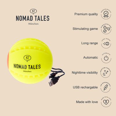 Nomad Tales München gele bal met USB-kabel. Kenmerken: premiumkwaliteit, stimulerend spel, groot bereik, automatisch, zichtbaar in het donker, USB-oplaadbaar, met liefde gemaakt.