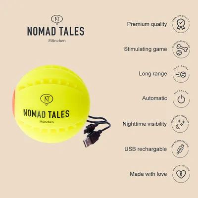 Nomad Tales München gele bal met USB-kabel. Kenmerken: premiumkwaliteit, stimulerend spel, groot bereik, automatisch, zichtbaar in het donker, USB-oplaadbaar, met liefde gemaakt.