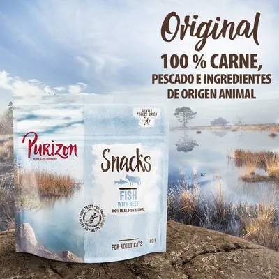 Purizon Snacks Fish with Beef para gatos adultos, 40 g. Texto visible: Original, 100 % carne, pescado e ingredientes de origen animal, gently freeze-dried, 100% meat, fish & liver.