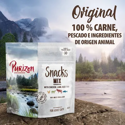 Purizon Snacks Mix para gatos adultos, 40 g. Texto visible: Original, 100 % carne, pescado e ingredientes de origen animal. Con pollo, cordero, ternera y pescado.