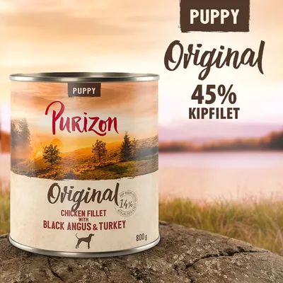 Purizon Puppy Original 800g, 45% kipfilet, chicken fillet with Black Angus & Turkey. Tekst: PUPPY, Original, 14% high-quality ingredients met 45% kipfilet.