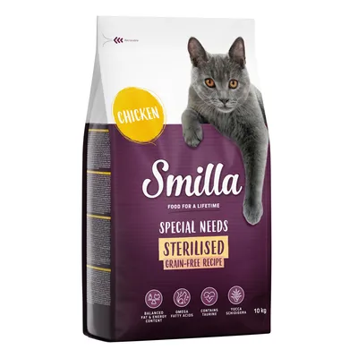 Smilla Special Needs Sterilised, gabonamentes recept csirkével, 10 kg. Kiegyensúlyozott zsír- és energiatartalom, omega zsírsavak, taurin és Yucca Schidigera.