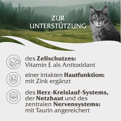 Zur Unterstützung des Zellschutzes mit Vitamin E, der Hautfunktion mit Zink und des Herz-Kreislauf-Systems, Netzhaut sowie Nervensystems mit Taurin angereichert.
