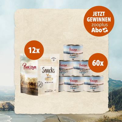 Purizon Snacks Chicken with Fish, 12x Beutel und 60x Dosen Purizon Organic Salmon & Chicken. Jetzt gewinnen mit zooplus Abos.