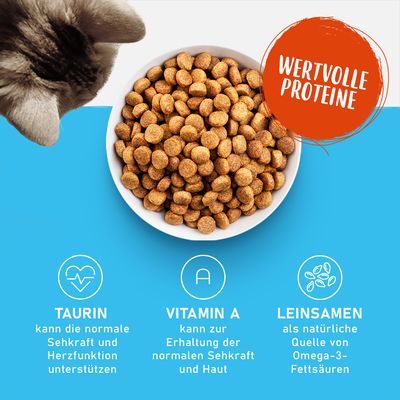 WERTVOLLE PROTEINE, TAURIN kann die normale Sehkraft und Herzfunktion unterstützen, VITAMIN A kann zur Erhaltung der normalen Sehkraft und Haut, LEINSAMEN als natürliche Quelle von Omega-3-Fettsäuren. Texte en allemand.