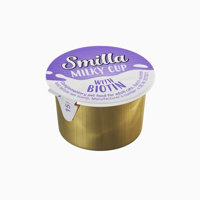 Smilla Milky Cup с биотином, дополнительный корм для взрослых кошек. Содержимое: 15 г. Номер партии и производителя видны на штампе.