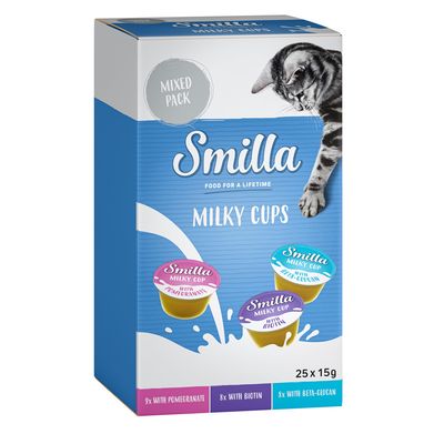 Smilla Milky Cups confezione mista, 25x15g. Varianti: 9x melagrana, 8x biotina, 8x beta-glucano. Con immagini di gatto e prodotto sulla confezione.