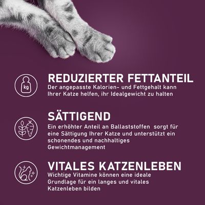 Texte en allemand : REDUZIERTER FETTANTEIL, SÄTTIGEND, VITALES KATZENLEBEN avec descriptions sur la gestion du poids, la satiété et les vitamines pour chats. Texte non disponible en français.
