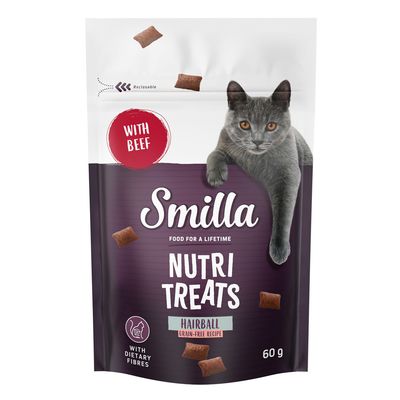Smilla Nutri Treats Hairball spannmålsfritt recept med nötkött, 60g. Återförslutningsbar förpackning, med fibrer för matsmältningen.