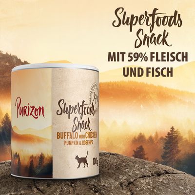 Purizon Superfoods Snack, Buffalo mit Chicken, Kürbis & Hagebutte, 100g. Hochwertiges Protein, geeignet für Katzen.