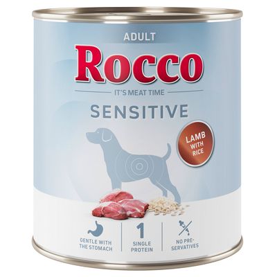 Rocco Sensitive Nassfutter für Hunde, Sorte Chicken & Potatoes, Single Protein, Huhn und Kartoffeln. Auf der Dose ist ein Hundesymbol abgebildet.