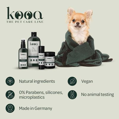 kooa Scented Fur Spray with frangipani scent, aloe vera and chamomile extract. Vegan, not tested on animals.