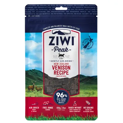 Emballage Ziwi Peak Venison Recipe pour chat, 400 g. Texte visible : 96 % viande, abats et moules vertes NZ, sans céréales, sans hormones ajoutées, air-dried, free-range farming.