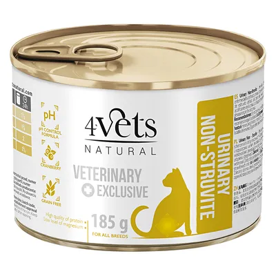 Консерва 4vets Natural Veterinary Exclusive Urinary Non-Struvite за котки, 185 г. Видими надписи: pH control formula, cranberry, grain free, high quality of protein, low level of magnesium. Консерва 4vets Natural Veterinary Exclusive Urinary Non-Struvite за котки, 185 г. Видими надписи: pH control formula, cranberry, grain free, high quality of protein, low level of magnesium.