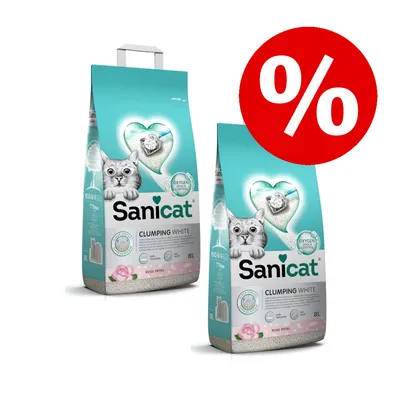 Sanicat Clumping White kattenbakvulling met Oxygen Control, Rose Petal geur, 8L. Twee verpakkingen afgebeeld met kortingssymbool (%).