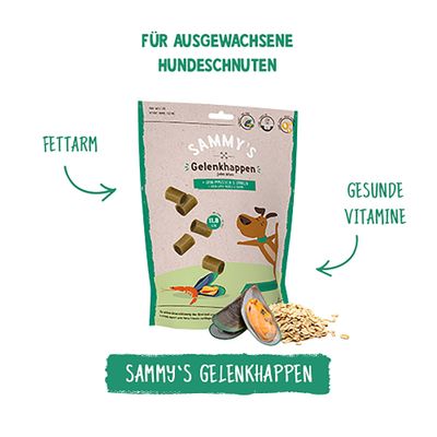 Sammy's Gelenkhappen, fettarm, gesunde Vitamine, für ausgewachsene Hundeschnuten. Abbildung der Verpackung mit Muschel und Haferflocken.