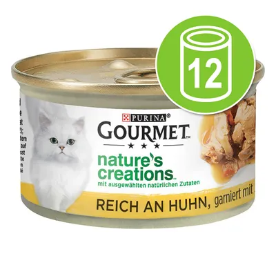 Purina Gourmet Nature's Creations, reich an Huhn, garniert mit ausgewählten natürlichen Zutaten. Grünes Symbol: 12 Dosen.