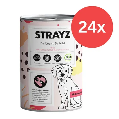 Strayz Nassfutter Rind mit Süsskartoffel, Karotte & Birne. Monoprotein, getreidefrei, ohne Zuckerzusatz, Bio. 24x Dosen. Kauf spendet für Hunde in Not.