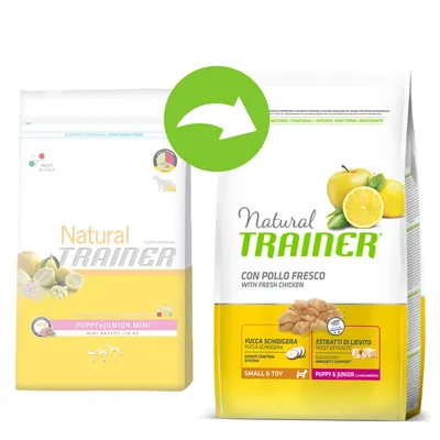 Pungi de hrană pentru câini Natural Trainer Puppy & Junior Mini, vechi și nou design. Text vizibil: 'CON POLLO FRESCO', 'YUCCA SCHIDIGERA', 'ESTRATTI DI LIEVITO', 'SMALL & TOY', 'PUPPY & JUNIOR'.