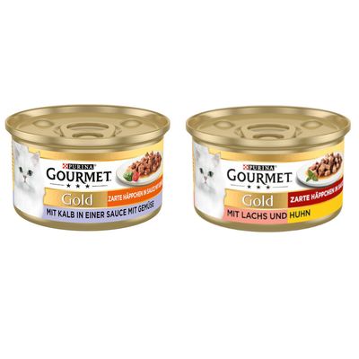 Purina Gourmet Gold Les Mousselines Mousse, 24x85g, druhy: králík, hovězí, telecí, jehněčí. Balení s bílou kočkou a vyobrazením produktu na talíři.