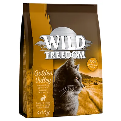 Wild Freedom Golden Valley, 100% grain-free recipe, lots of fresh poultry meat with rabbit, 400g. Ambalaj cu imagine de pisică și peisaj de câmpie. Text în limba engleză.
