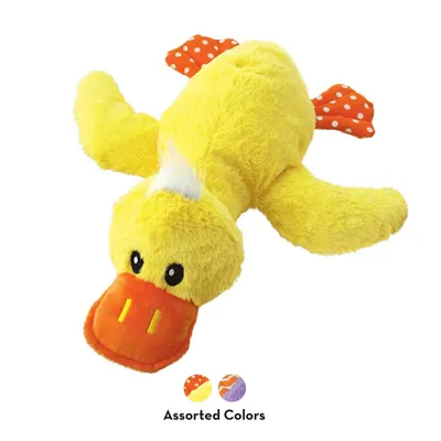 Gelbes Plüschspielzeug in Entenform mit orangefarbenem Schnabel und Flügeln. Hinweis: Erhältlich in verschiedenen Farben.