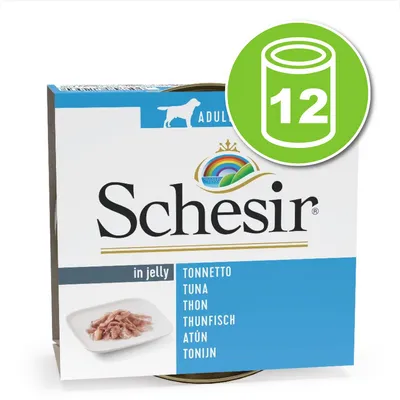 Schesir in jelly thon, lot de 12 boîtes. Texte visible : ADULT, tonnetto, tuna, thon, thunfisch, atún, tonijn. Photo de thon en gelée sur une assiette.