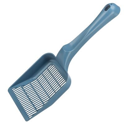 Kattenbakschep van blauw plastic met lange handgreep en brede sleuven in het schepgedeelte.