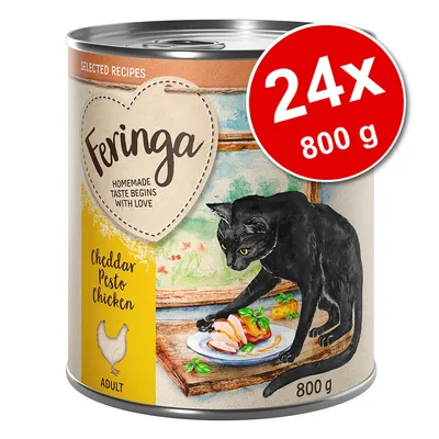 Feringa Cheddar Pesto Chicken ADULT, lot de 24 boîtes 800 g. Illustration d’un chat noir près d’une assiette. Texte anglais : Homemade taste begins with love. Feringa Cheddar Pesto Chicken ADULT, lot de 24 boîtes 800 g. Illustration d’un chat noir près d’une assiette. Texte anglais : Homemade taste begins with love.
