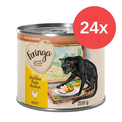 Feringa Adult Katzenfutter, Sorte Cheddar Pesto Chicken, 200 g Dose, 24x Packung. Illustration einer schwarzen Katze mit Teller Huhn und Gemüse.