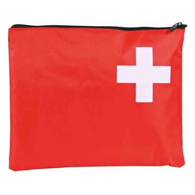 Mala vermelha com cruz branca, fecho de correr em cima. Símbolo de kit de primeiros socorros. Mala vermelha com cruz branca, fecho de correr em cima. Símbolo de kit de primeiros socorros.