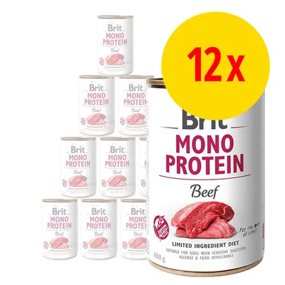 Lot de 12 boîtes Brit Mono Protein Beef, 400 g chacune. Texte visible : Limited Ingredient Diet, Suitable for dogs with sensitive digestion, allergy & food intolerance, Gluten Free Beef.