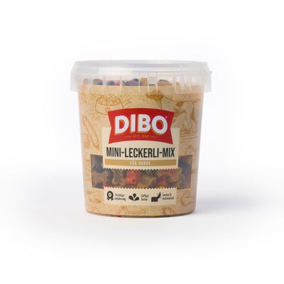 DIBO Mini Treat Mix for Dogs, training reward, juicy texture, tasty & motivating, tub with colourful treats visible.